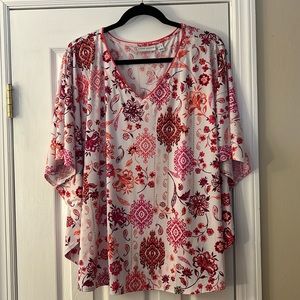 Susan Graver Printed Floral Liquid Knit V-Neck Scarf Top Size XL